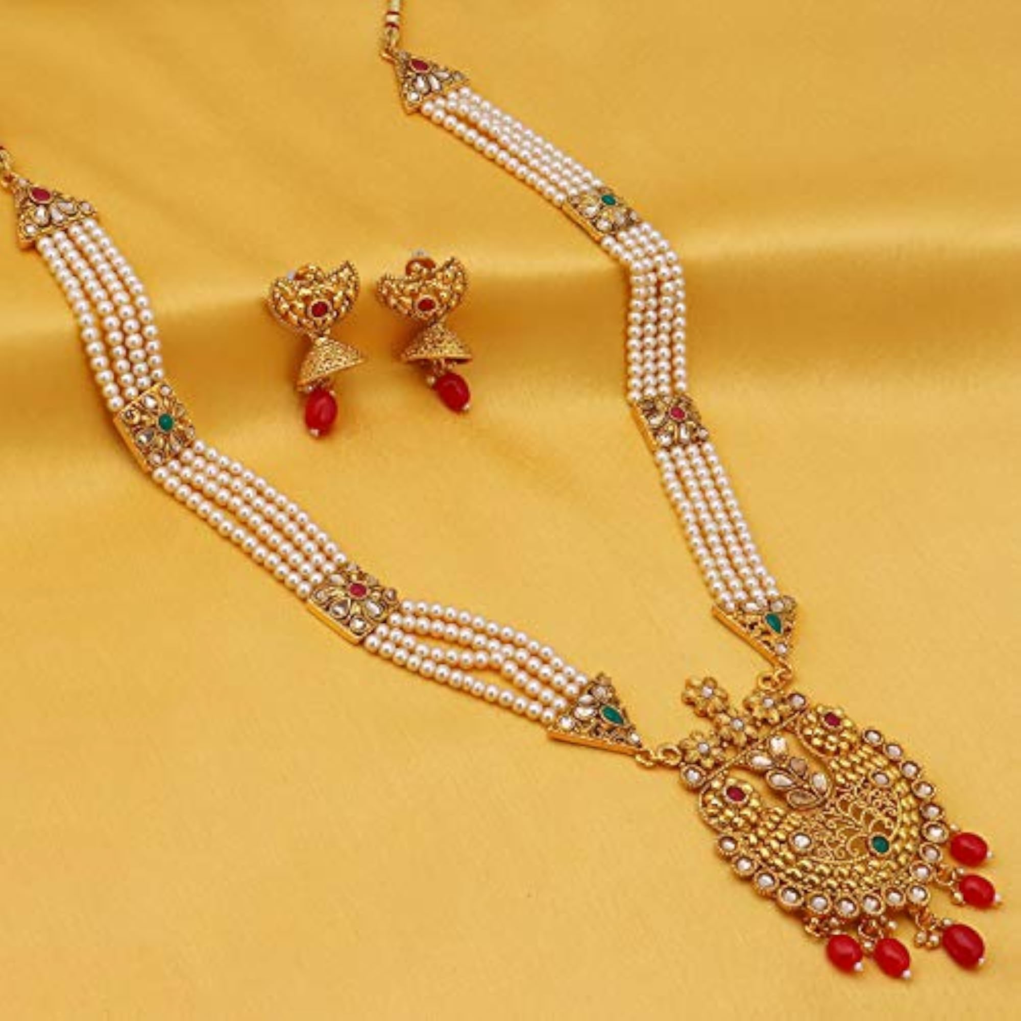 Floral Pearl Plated Wedding Long Haram Necklace Set