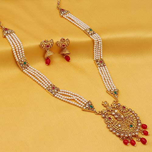 Floral Pearl Plated Wedding Long Haram Necklace Set