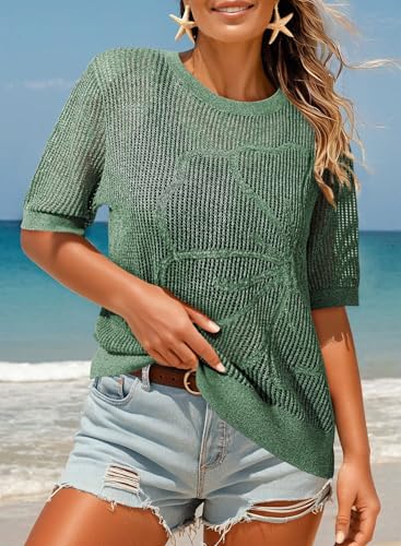 Image of Dokotoo Womens Summer Short Sleeve Crochet Tops Hollow Out Floral Sweaters Beach Vacation Cruise Outfits