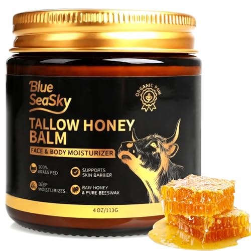 Blue Sea Sky Beef Tallow for Skin Handmade Whipped Beef Tallow for Face Cream Body & Face Moisturizer with Organic Grass-Fed Beef Tallow and Honey Balm Natural Formula for Dry & Sensitive Skin (4/OZ