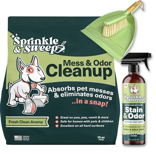 Image of Sprinkle & Sweep: Pet Mess & Odor Cleanup Bundle - 15oz Bag, Dustpan Broom, 24oz Enzyme Stain Spray - Dog Accident Clumping Powder & Spot Treatment
