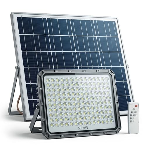 081 Store - Faro LED Esterno con Pannello Solare 5000W, IP66 Impermeabile, 320 LED, Luce Bianca 6500K, Telecomando, Autonomia 12 Ore