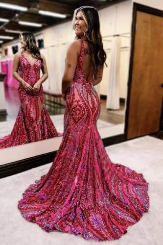 Mermaid Sparkly Sequin Prom Dress for Women 2025 Long V Neck Backless Formal Evening Gowns3