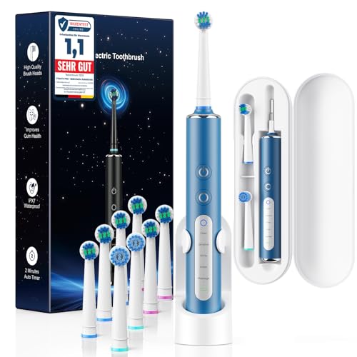 Cepillo de dientes eléctrico rotatorio para adultos y niños con 3 intensidades y 5 modos, cepillo dientes electrico con 8 cabezales, estuche de viaje, batería de 120 días (Azul Oscuro)