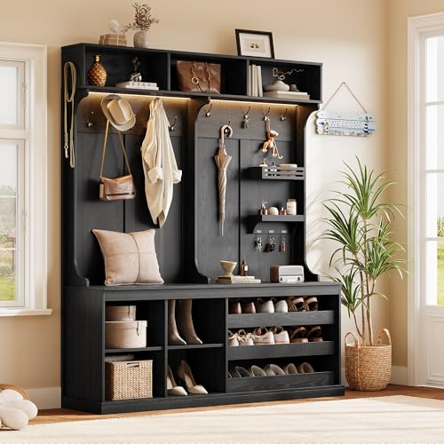 iPormis 70“ Large Hall Tree with Bench and Adjustable Shoe Storage, 6-in-1 Farmhouse Entryway Bench w/Coat Rack, Small Shelves, Top Storage for Living Room, Entryway, Led Lights, Black