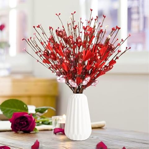 N&T NIETING Valentine’s Day Gifts, Artificial Glitter Berry Flowers Stems 6 Pcs Heart Shaped Berry Picks for Valentine’s Day, Wedding, Propose, Anniversary Vase Decoration Cover