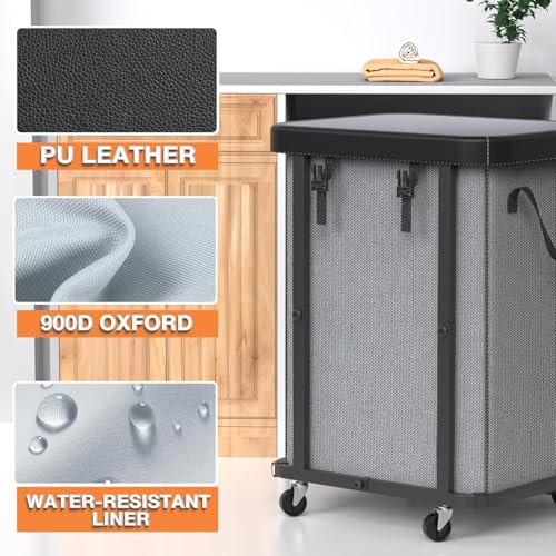 Image of 150L (40 Gal) Large Fashion Laundry Basket with Wheels, Leather Patchwork Rolling Hamper Carts, Sturdy Metal Frame, Removable Washable Bag, Tall Clothes Sorter for Bedroom, Laundry Room - Gary