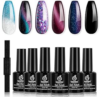 Beetles Milky Way Glitter Gel Nail Polish Set 6 Colors Collection Black Gel Polish Kit Soak Off Nail Lamp Cat Eyes Magnet Color Changing Glitter Gel Phantom Chameleon Nail Kit Gift Box