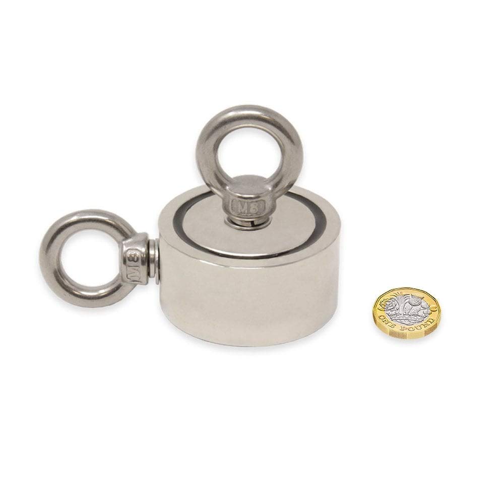 N42 Aigneur de Pot N42 Avec Des Boulons D'Œil 2X M8 et Une Corde de 10 M Pour la Pêche á L'Aimant, la Récupération et la Chasse Au Trésor - 60mm dia x 22mm - 120kg de Traction