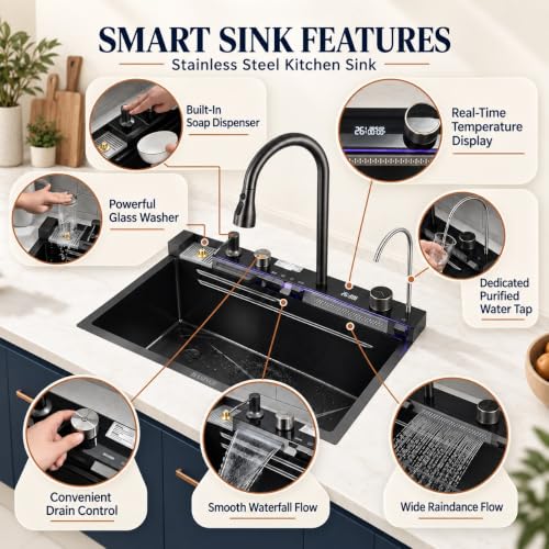 Image of BASINQU Piano Kitchen Sink 30x18x9 Inch Waterfall Kitchen Sink | 304 Grade Stainless Steel Kitchen Sink For Kitchen Basin with Integrated Waterfall & Pull Down Faucet Kitchen Sinks