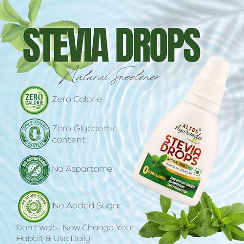 Image of ALTOS Ayurveda Stevia Drops - Natural Sweetener, Zero Calories, Zero Aspartame, Liquid Form, Diabetic Friendly, Weight Management, Made with Natural Stevia Leaves Extract, 30 Millilitre