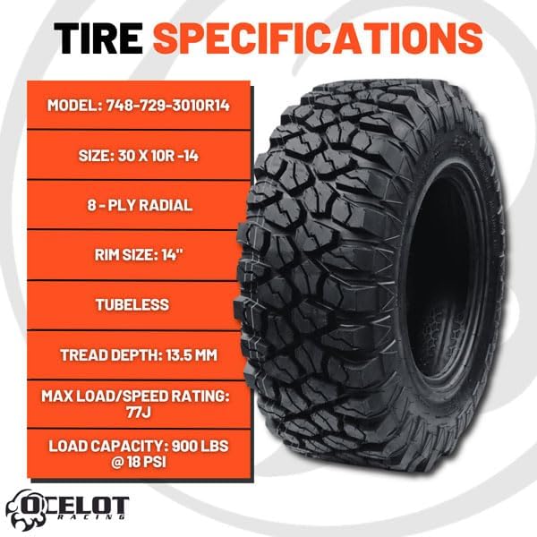 Ocelot XC729 30x10x14 UTV Tires All Terrain, Durable 8-Ply Radial Construction and Non-Directional Tread, Aggressive Thick Lugs for Diverse Terrain and Conditions - AT 30x10x14 ATV Tires