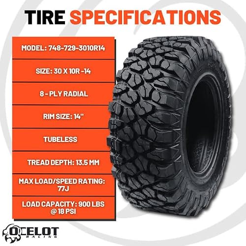 Ocelot XC729 30x10x14 UTV Tires All Terrain, Durable 8-Ply Radial Construction and Non-Directional Tread, Aggressive Thick Lugs for Diverse Terrain and Conditions - AT 30x10x14 ATV Tires - Thumbnail 6