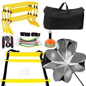 HOTOOLME Speed Agility Training Equipment Set – Includes Agility Ladder, Running Parachute, 8 Resistance Bands,20 Cones…