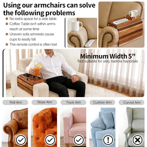 Image of FUNKYLEE Acacia Wood Couch Armrest Table, Couch Arm Tray with Removable Couch Cup Holder, 2 in 1 Design Foldable Anti-Slip Acacia Wood Sofa Arm Tray for Remote Controls, Phones, Cups and Snacks