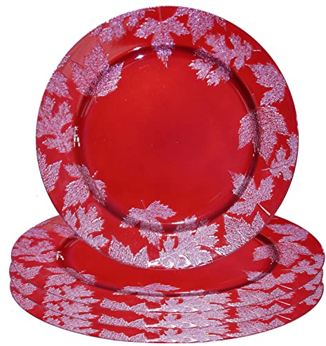 Gilbins 13 inch- Charger Plates, Round Plastic Reef Charger Plates, Holiday Charger Plate Wedding Holiday & Party Table Décor Set of 4(Red)