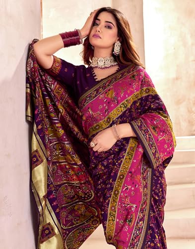 Image of SIRIL Women's Silk Kashmiri Minakari Jacquard Saree With Unstitched Blouse Piece
