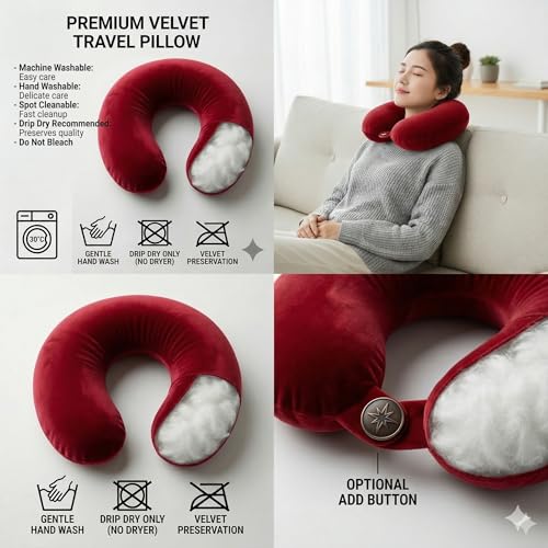 Image of Travel Neck Pillow for Adults, Fiber Filled U-Shaped Neck Support Pillow with Button Closure, Soft Plush Neck Cushion for Airplane, Car, Office & Travel (red)