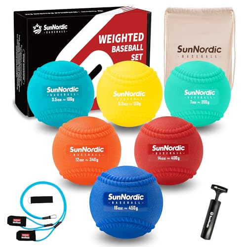 Image of SunNordic 6 /9 Pack Seams Plyometric Weighted Baseball Set (3.5-16 /35 /53 /70 oz) - Variable Weight Plyo Baseballs for Improved Power & Pitching Training - for All Skill Levels
