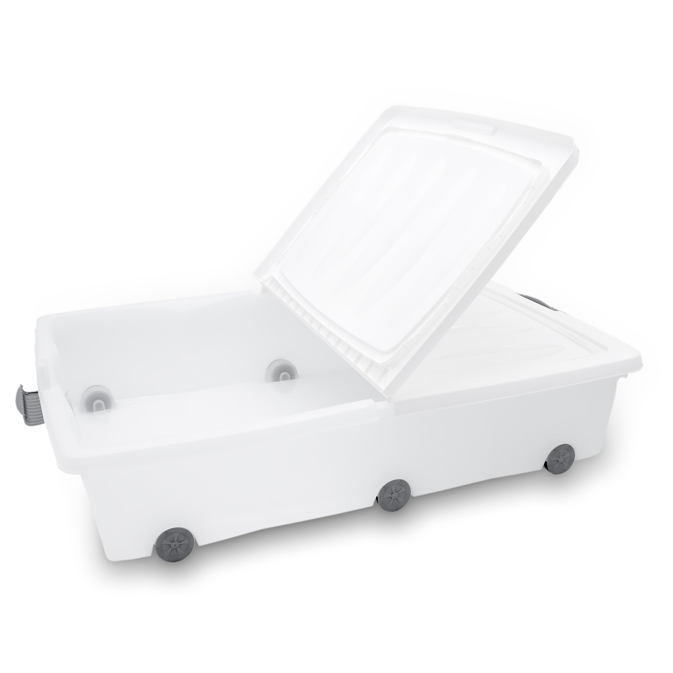 Spetebo XXL Unterbettkommode mit Klappverschluss 2er Set - 60 Liter - Aufbewahrungs-Rollbox mit zweigeteiltem Deckel in weiß - Universal Aufbewahrungsbox Unterbett Box Spielzeugkiste mit Rollen