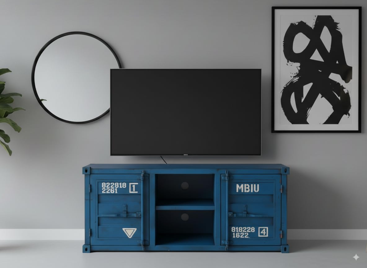 The Cargo Crate TV Console – Industrial Shipping Container Style Metal TV Unit with Storage Cabinets & Open Shelves, Modern Entertainment Console for Living Room (Blue)-image-3