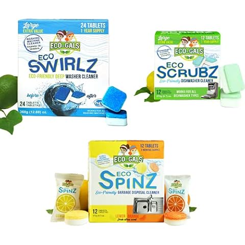 ECO-GALS Appliance Cleaner Bundle With Eco-Swirlz Washing Machine Cleaner for Standard and H.E. Washers Plus Eco Scrubz Dishwasher Deodorizer and Descaler Cleaner Plus Eco Spinz Disposal Cleaner Cover