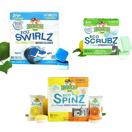 Eco-Gals Appliance Cleaner Bundle With Eco-Swirlz Washing Machine Cleaner for Standard and H.E. Washers Plus Eco Scrubz Dishwasher Deodorizer and Descaler Cleaner Plus Eco Spinz Disposal Cleaner