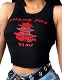 SAFRISIOR Women Sexy Thank You Enjoy Printed Tower Graphic Skinny Slim Streetwear Sleeveless Crop Tank Top Black