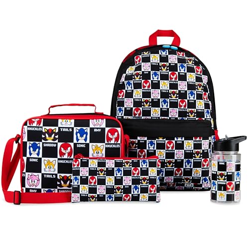 Sonic The Hedgehog Sac à Dos Enfant Ensemble 4 Pièces avec Gourde Enfant 400ml Trousse et Sac...