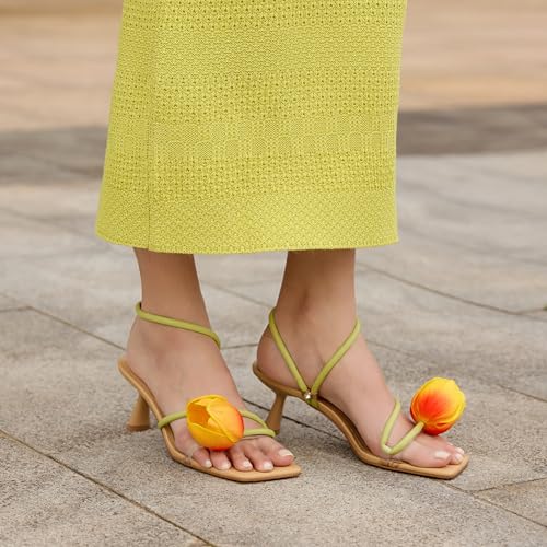 Image of LACIKOSZ Flower Kitten Heel Sandals for Women Calla Lily Green Heels Square Open Toe Floral Strappy Low Heel Sandals Summer Dressy Wedding Shoes