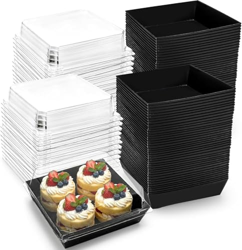 Image of Hiceeden 100 Pcs Black Paper Charcuterie Boxes with Clear Lids, 5.4 inchx5 inchx2.4 inch Cardboard Dessert Food Containers, Disposable Square Sandwich Box for Bakery, Donuts, Cookies, Strawberry, Salad