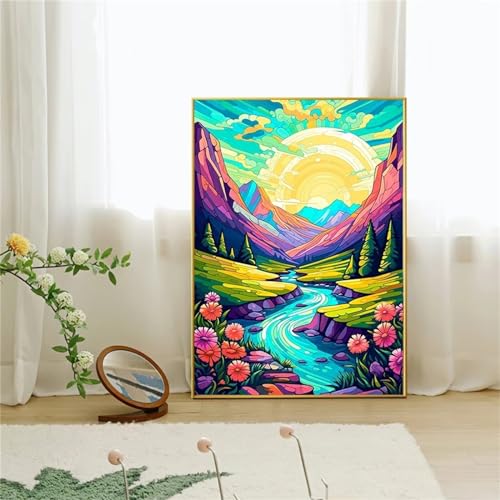 Peinture diamant 5D DIY grand format 60x80cm motif paysage montagnes et strass