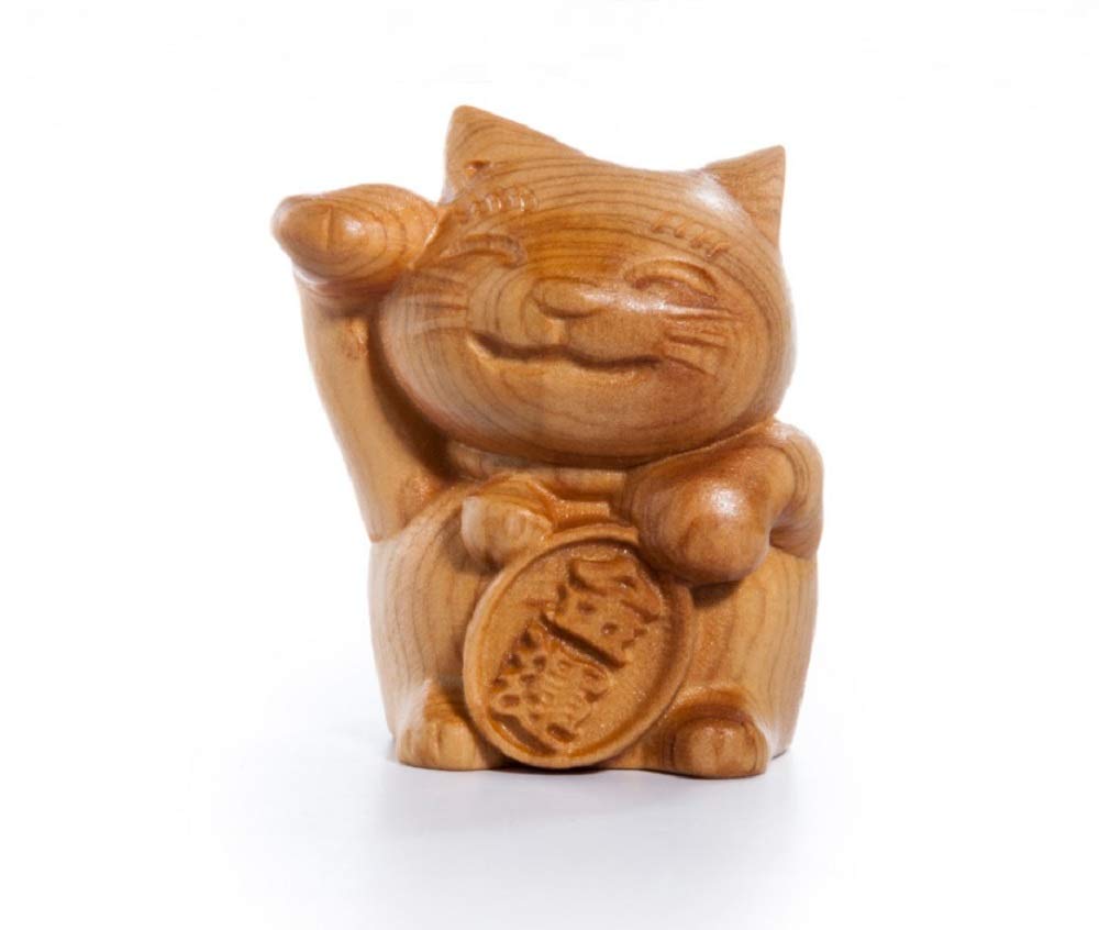 Dmtse Brown Hand Carved Natural Wood Lucky Fortune Cat Statue Religious Buddhist Sitting Buddha Sculpture Figurine