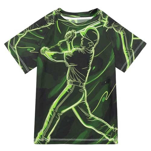 Boys Short Sleeve T-Shirts Baseball Neon Green Doodle Rashguard Kids Swim Shirts Sun UPF 50+
