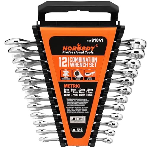 HORUSDY 12-Piece Metric Spanner Set 8mm19mm Combination Wrench Set with Organizer 12-Point Chrome Vanadium Steel Spanners for Car Repairs Garage Workshop and DIY