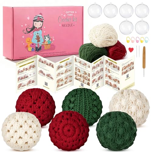 Syhood Christmas Crochet Kit with 6 Pcs 2.76" Clear Fillable Ball Ornaments Red Green White Yarn Wood Hook Tools and Accessories for Christmas Gift Holiday Season Craft Tree Decor
