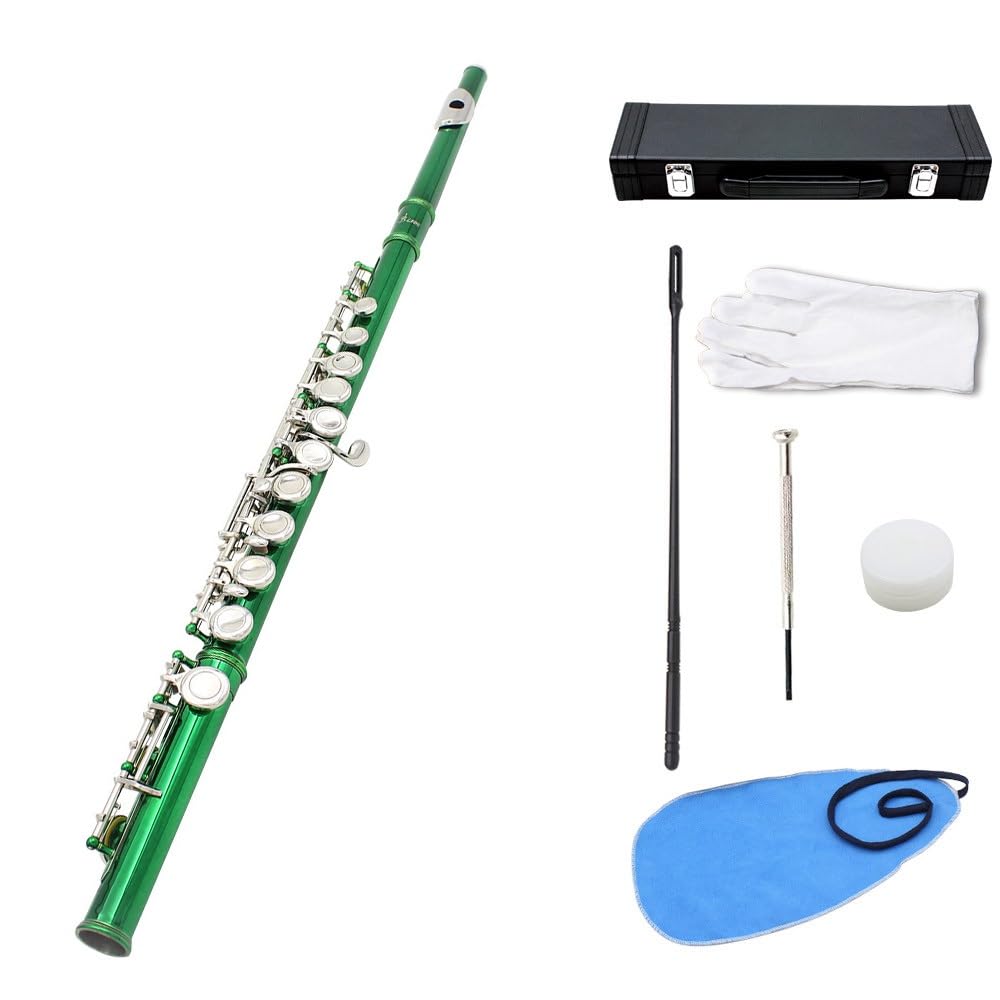 Flauta verde de 16 orificios, tecla C, cuerpo de tubo de cobre blanco, orificio de sonido técnico de dibujo en frío, multicolor opcional, adecuado for principiantes, caja de almacenamiento de cuero y