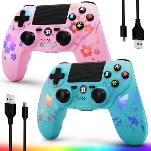 Image of CHENGDAO 2 Pack for PS4 Controller, Wireless Controller for PlayStation 4 /Pro /Slim /PC, Adjustable RGB Light, 1000mAh Battery, Speaker & 3.5mm Audio Jack, Blue + Pink