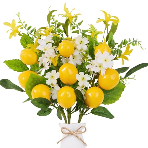 Worthyeah 3 PCS Summer Lemon Decor Artificial Fruit Lemon Picks Fake Lemon Branches Decorations for Home Kitchen Party Table Centerpiece Daily Decoration