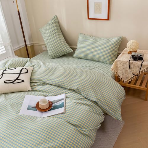 Image of LifeTB Blue Yellow Gingham Comforter Set King 3 Pieces Plaid Checkered Comforter with 2 Pillowcases Soft Fluffy Grid Farmhouse Gingham Bedding Set Breathable Geometric Plaid King Comforter Set