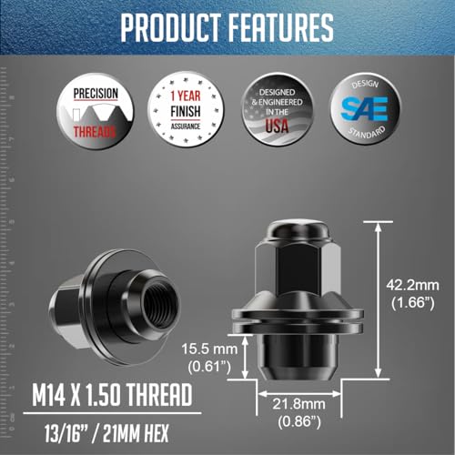 Image of Wheel Accessories Parts 24 Pcs M14x1.5 14x1.5 Thread OEM Style Lug Nuts 1.60 inch Long Black 13 /16 inch 21mm Hex Fits Toyota Tacoma Tundra 4Runner | 90942-A1007 | | 90942-01121