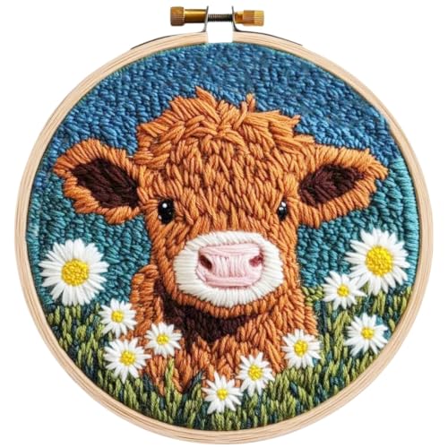 Image of YEESAM ART Punch Needle Kit with Highland Cow Calf Daisy Flowers Patterns, Full Set DIY Punch Needle Embroidery Set with Hoop Tool, Easy Craft for Adults Beginners
