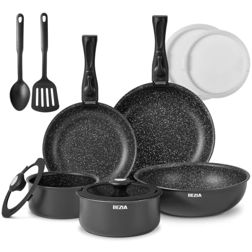BEZIA Topfset mit abnehmbarem Griff 13-teilig, Antihaftbeschichtetes Pfannenset stapelbar, Für alle Herdarten geeignet, inklusive Induktion, PFOA-frei, Ofenfest, Pfannen 22/26cm, Stieltopf 16/18cm