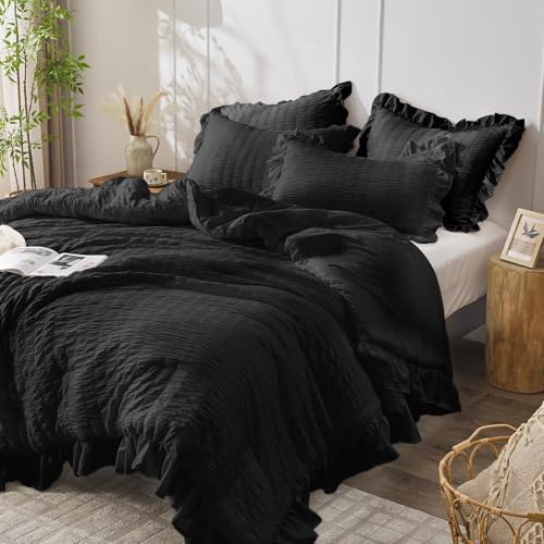 JOLLYVOGUE Black Comforter Full Size, 3 Pieces Seersucker Lightweight Full Size Bedding, All Season Fluffy Microfiber Bedding Comforter Set with 1 Ruffle Comforter and 2 Ruffle Pillowshams