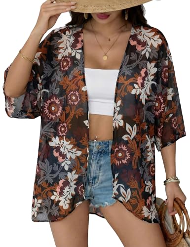 Image of Chunoy Women Floral Beach Wear Cover Up Chiffon Kimono Cardigan Open Front Blouse Top