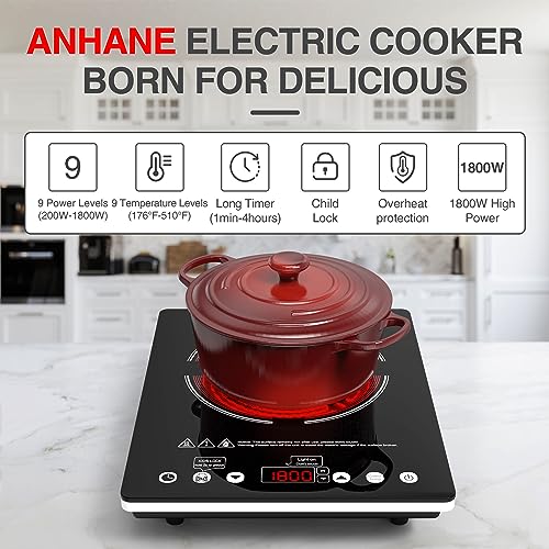 Image of Electric Cooktop Single Burner Portable Stove 1800W 110v -120v Countertop Hot Plates Electric Plug in, Touch Control, Child Lock, 9 Power Levels Low Noise, 4 Hour-Timer Infrared Cooktop