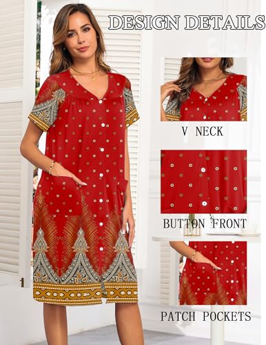 Image of Ekouaer House Dresses for Women with Pockets Button Down Nightgowns Plus Size Moo Moos Mumu Dresses Floral Print S-3XL
