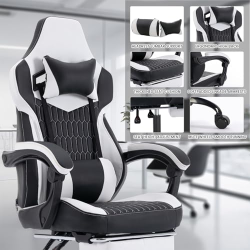 Image of Gaming Desk Chair for Adults, Ergonomic Gaming Chair with Footrest & Headrest and Lumbar Support, Leather Material Height Adjustable Computer Video Game Chairs (Black+White-1)