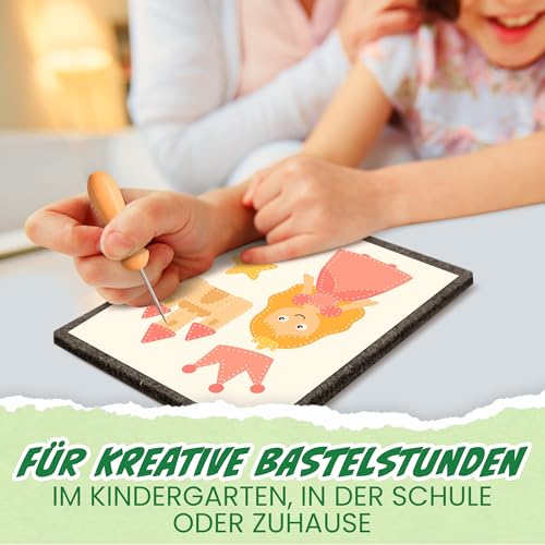 Prickelnadel Set Kinder mit 10 Vorlagen - Prickelset für Kinder - 2x Prickelnadel mit Holzgriff & 2x Prickelfilz (20cm x 15cm x 1cm) – Ergonomisch & sicher – Ideal zum Prickeln – Made in Germany