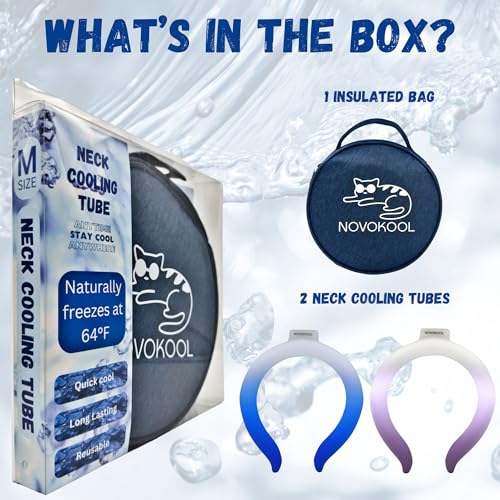 2 Pack Neck Cooling Tube with Insulated Bag - Reusable Ice Ring Neck Cooler Indoor Outdoor - Wearable Cooling Wrap - Relief for Summer and Hot Flashes - Ice Ring Freezes Under 64℉(Purple+Blue)